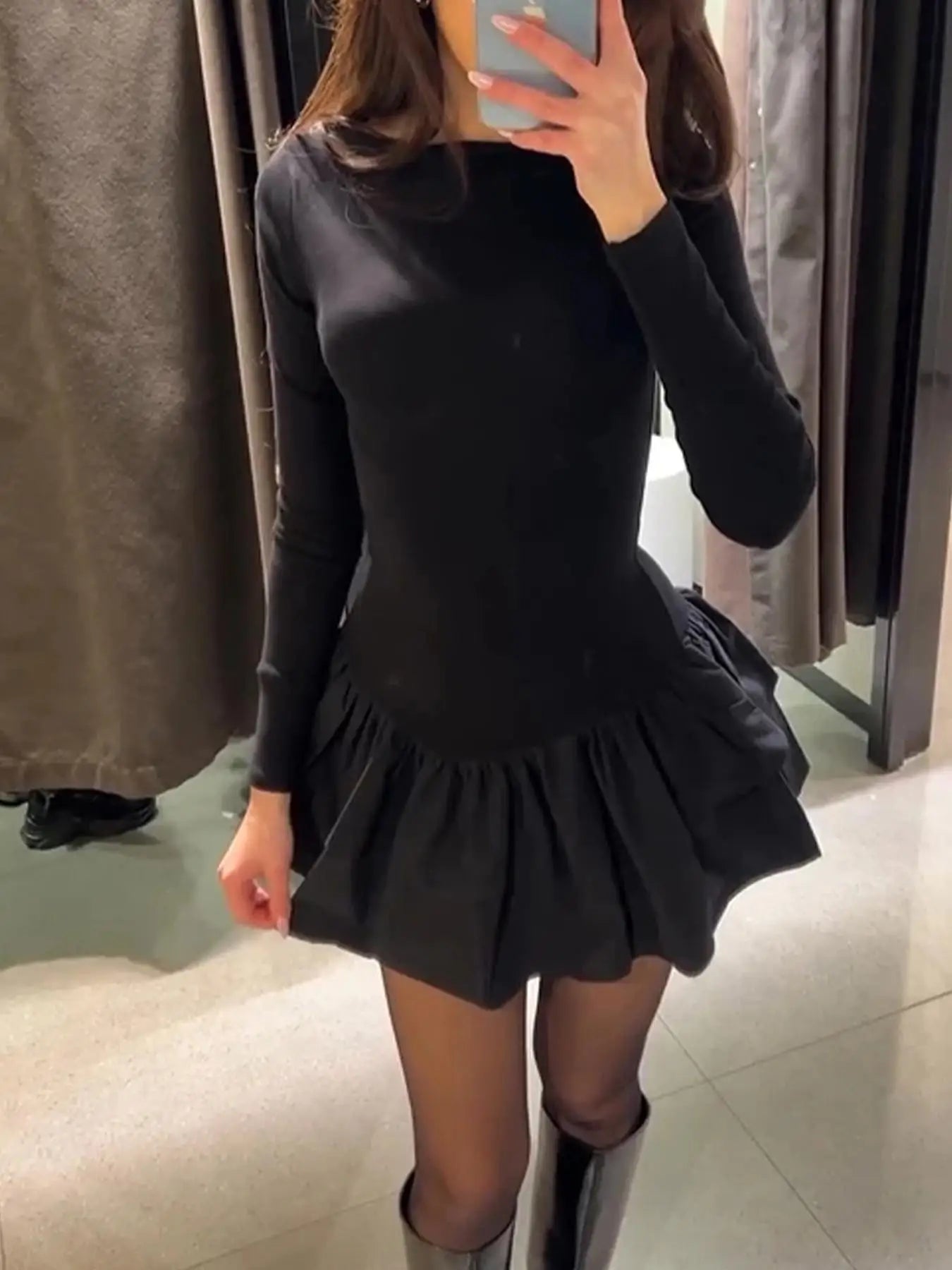 Women's Fashion Solid Tiered Ruffle A-Line Dress, Spring Elegant O-Neck Slim Fit Mini Dress, Autumn Long Sleeve Simple Boho Dresses