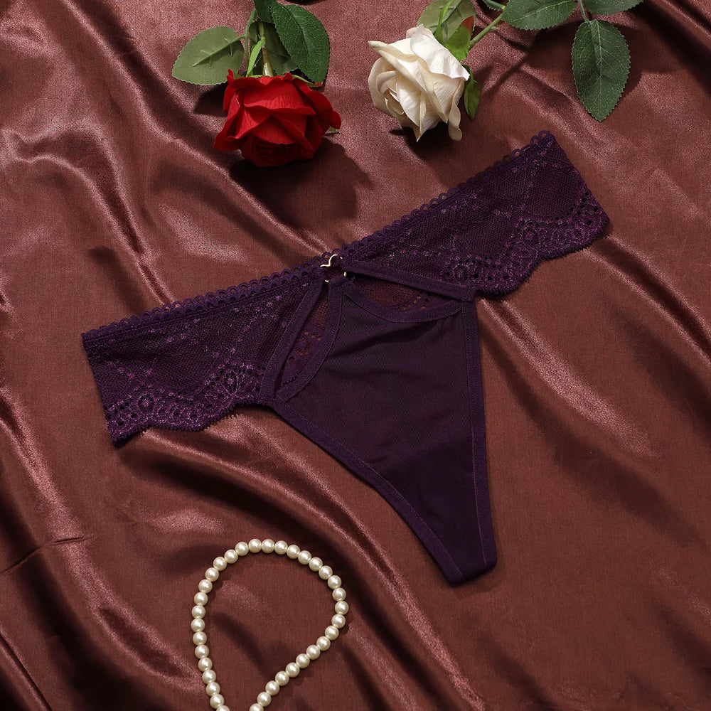Sexy Women Flower Embroidery Open Hole Thong Transparent Lace-Trim Underwear Low Waist Perspective Women's Panties