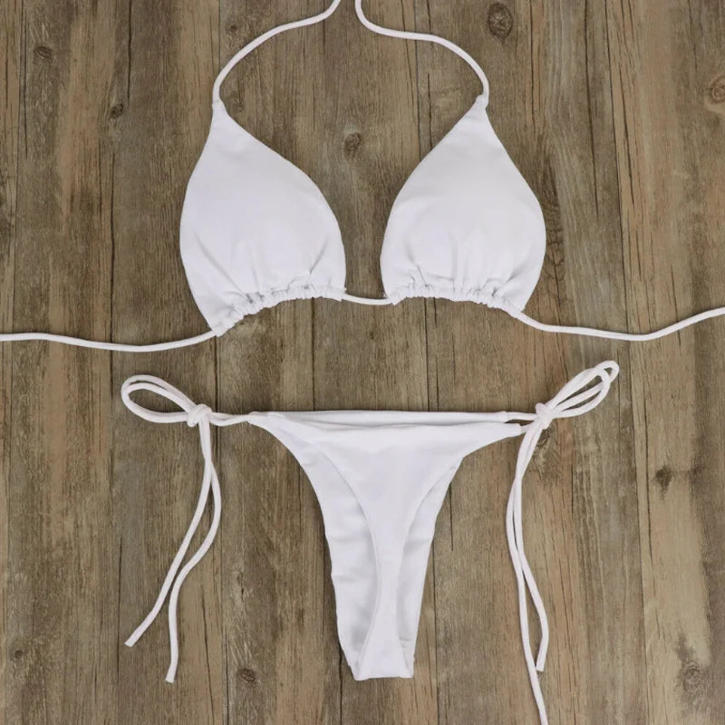 Women Thong Bikini Set Side Tie Sexy Swimsuit Bandage Style Brazilian Swimwear Bikini 2022 Woman Solid Color Beach Swimwear