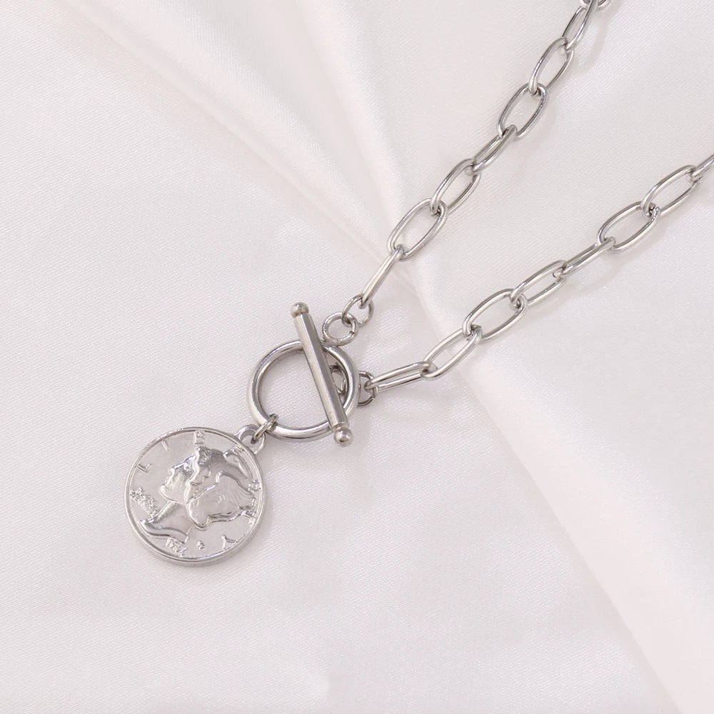 Coin Necklace For Women Stainless Steel Toggle Clasp Choker Gold/Silver Color Metal Elizabeth Coin Round Collier Femme Jewelry