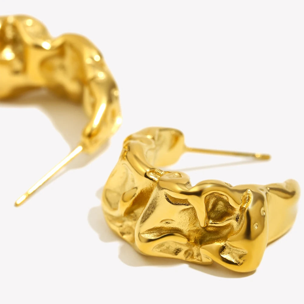 E.B.belle Casting Mould Irregular Wrinkle C Shaped Gold Plated Hoop Earrings For Women Stainless Steel Earrings