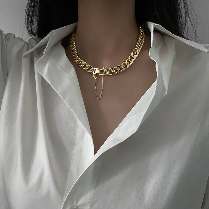 Minar Cool Chunky Cuban Chain Chokers Necklaces for Women Gold Color Metallic Bucket Punk Necklace Minimalist Statement Jewelry