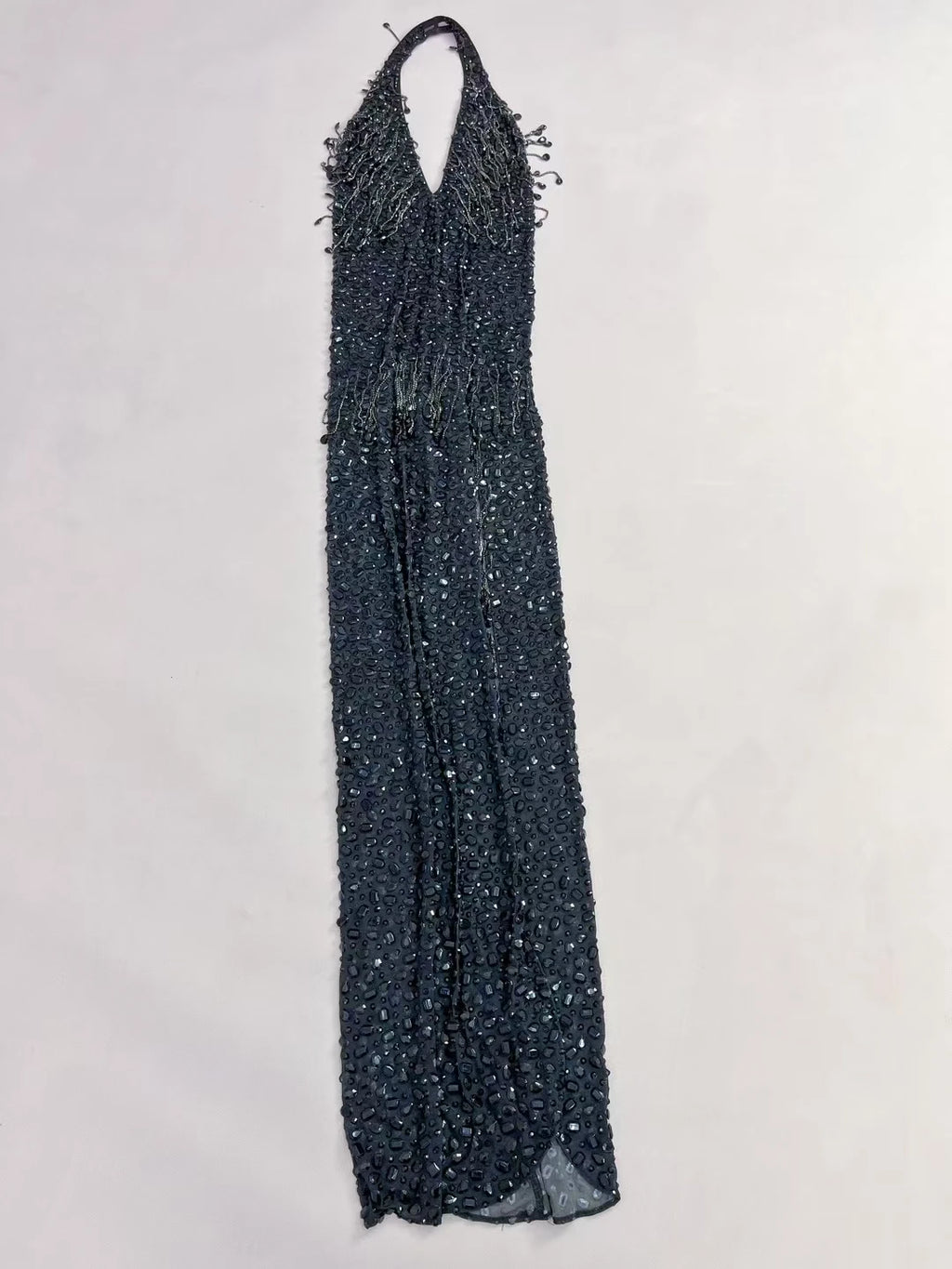 Sexy Black Mesh Evening Dress Sparkling Rhinestone Tassel High Slit Gown Deep V-neck Halter Neck Tight Long Dress wulongweibo