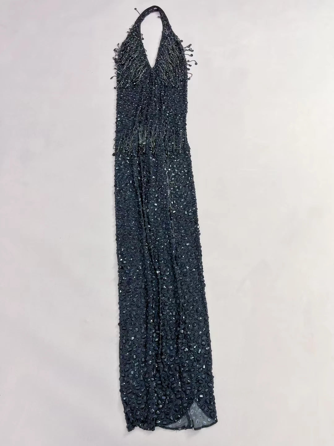 Sexy Black Mesh Evening Dress Sparkling Rhinestone Tassel High Slit Gown Deep V-neck Halter Neck Tight Long Dress wulongweibo