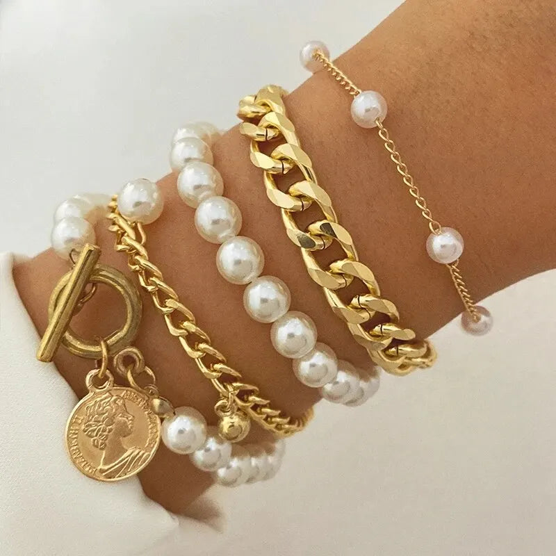 Boho Fashion Bracelets For Women Vintage Geometric Imitation-pearl Human Head Coin Pendant Gold-color Jewelry Gift For Fema