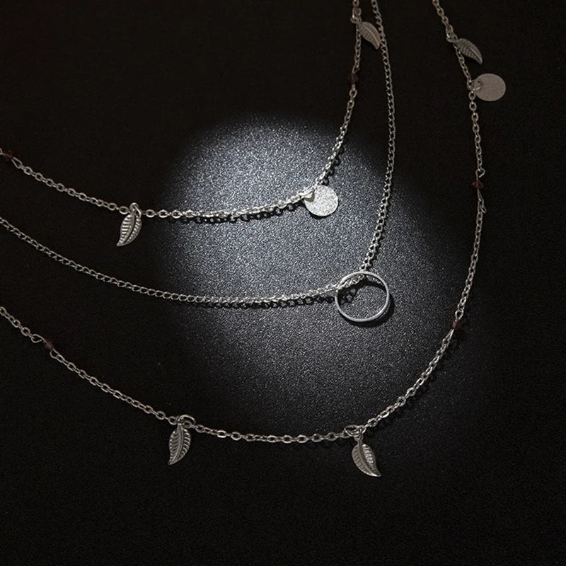 Hot Fashion Gold Color Chain Leaves Multi Layer Choker Necklace Geometric Round Necklace For Women Collier Femme Jewelry Gift