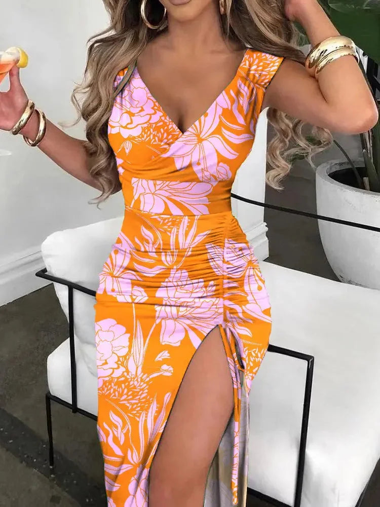 Women Elegant Spring High Split Party Dress 2025 Office Lady V Neck Slim Mid Dress Sleeveless Summer Casual Dress Vestidos