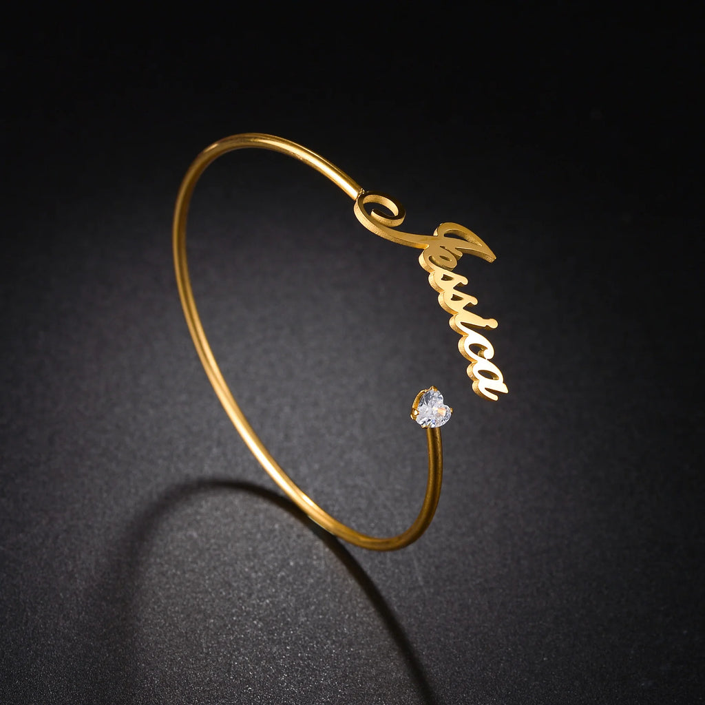 Acheerup Personalized Name Open Size Bangle for Women Men Stainless Steel Custom Butterfly Heart Bracelet Couple Jewelry Gift