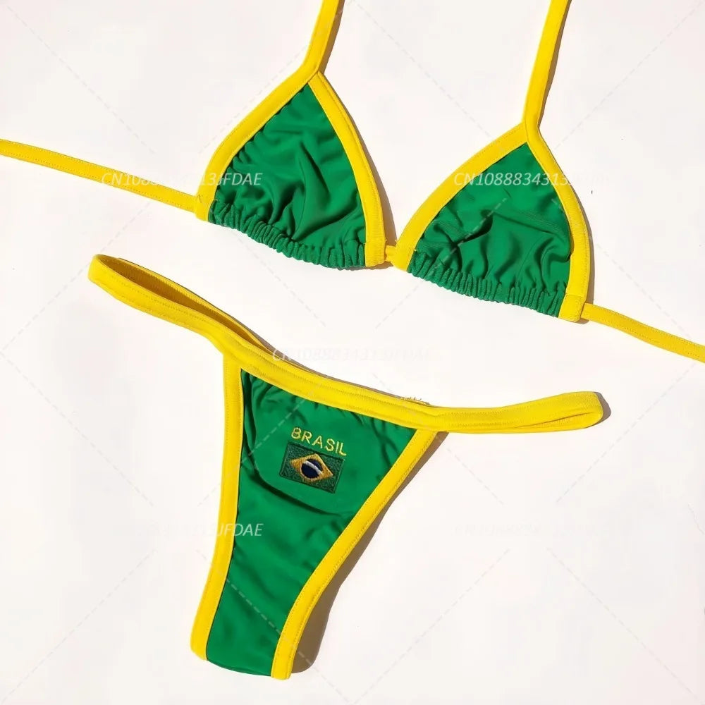 Sexy Embroidery Brazil Flag Contrast Split Bikini Set Women Swimwear Patchwork Swimsuit Hottie Outfit Summer Beachwear