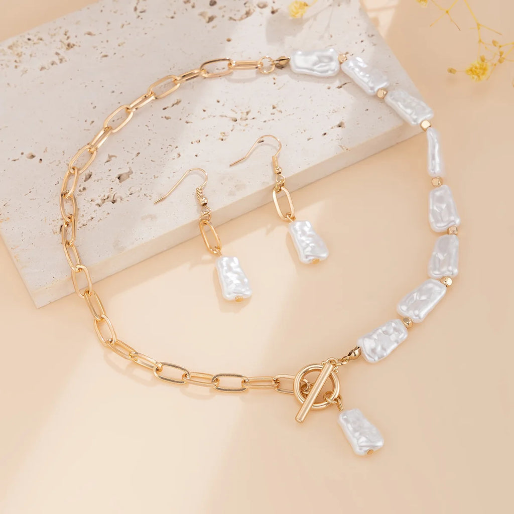 Boho Square Pearl Pendant Necklace Earrings Bracelet Set 20205 Women's Simple Gold Cross Chain Fashion Jewelry for Girls