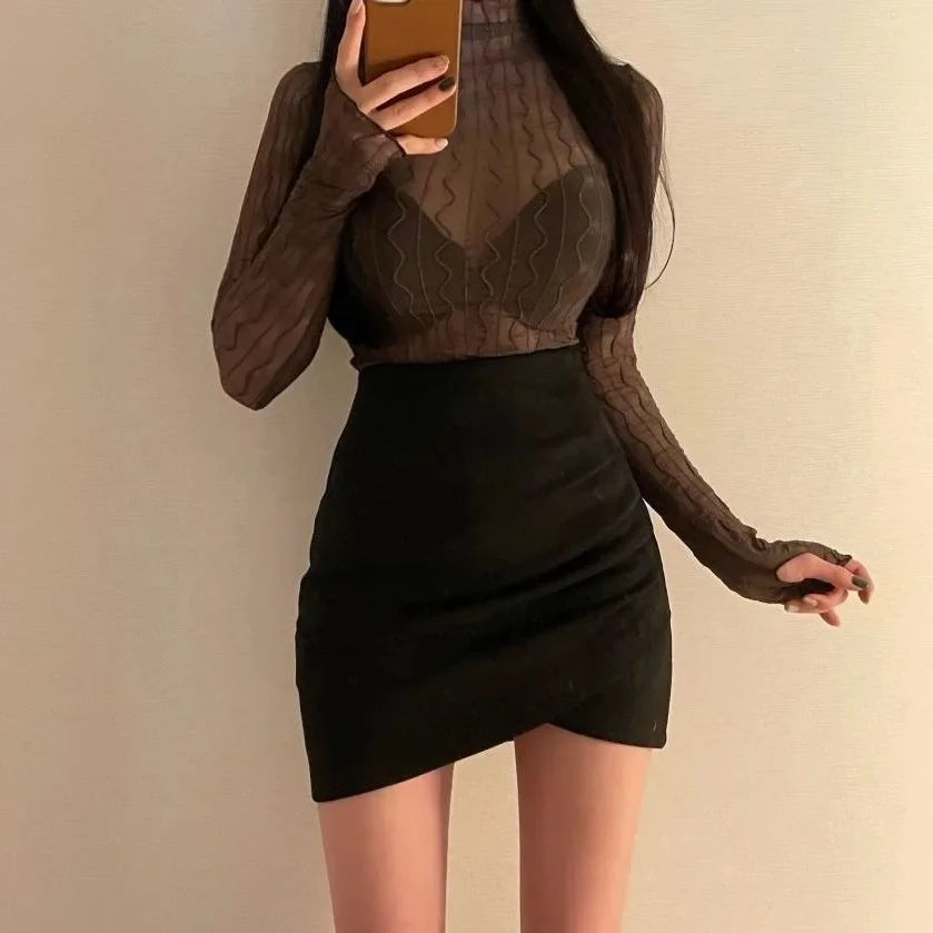Women's Suede Mini Skirt High Waist Tight Fit Elastic Asymmetrical Short Skirts Autumn Winter New Style Bodycon Skirts
