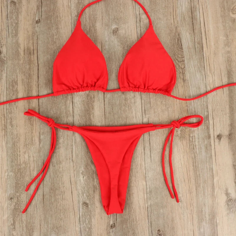 Women's Thong Bikini Set Side Tie Sexy Swimsuit Bandage Style Brazilian Swimwear Bikini 2022 Woman Solid Color Beach Swimwear