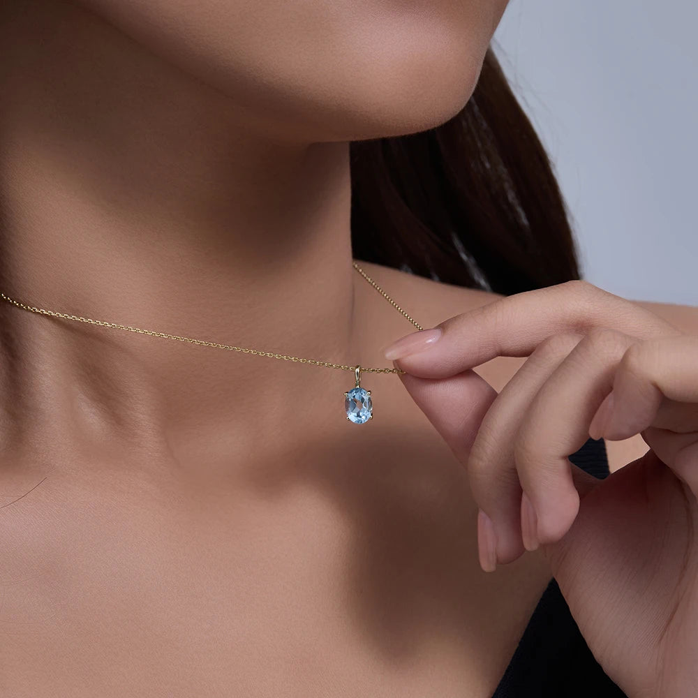 925 Sterling Silver Necklace Topaz Blue Crystal Heal Stone Oval Cut Pendant Necklaces
