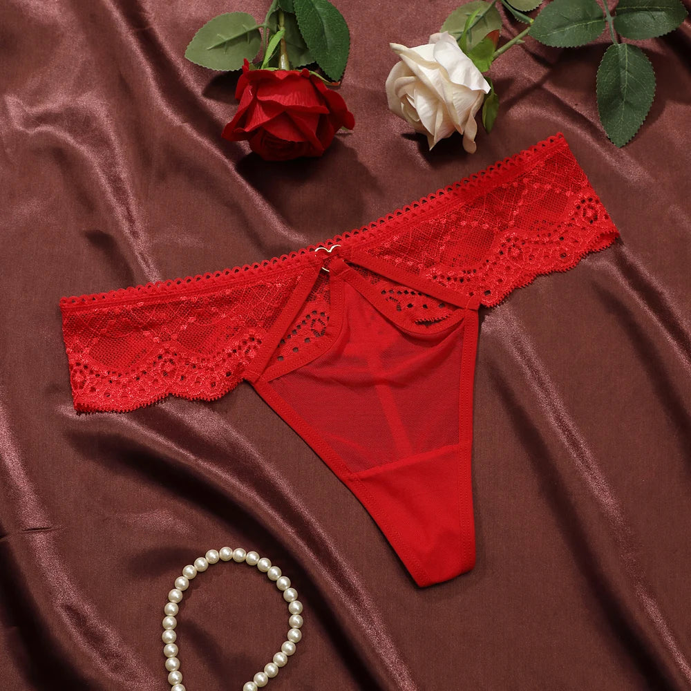 Sexy Women Flower Embroidery Open Hole Thong Transparent Lace-Trim Underwear Low Waist Perspective Women's Panties
