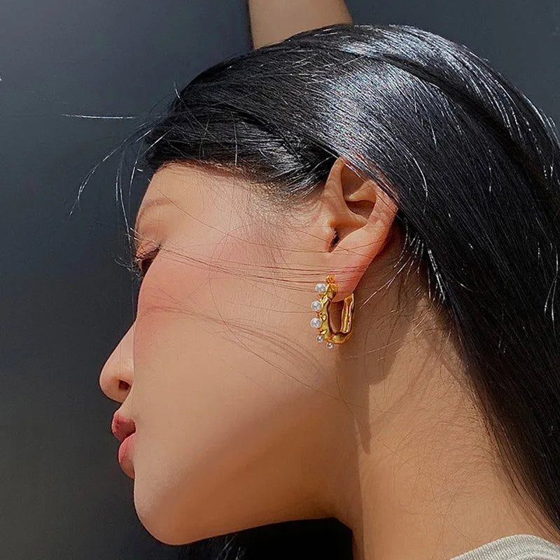 Foxanry French U-Shaped Pearl Ear Buckle For Women Vintage Fashion Elegant Hoop Earrings Prevent Allergy New Jewelry Gift Party
