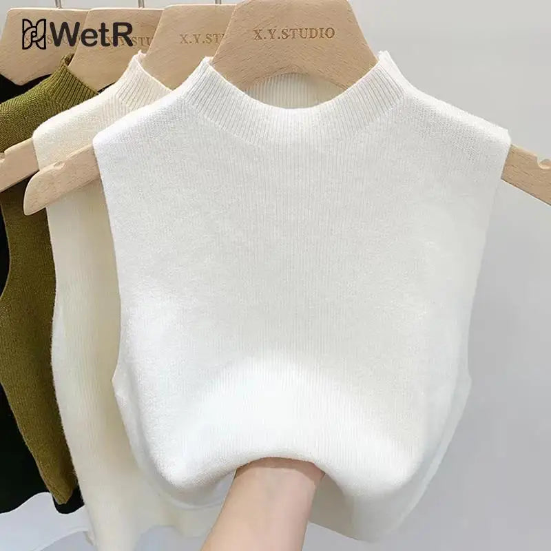 Fashion Half Turtleneck Knitted Tank Top Summer Women Casual Solid Color Sleeveless Vest spring and autumn