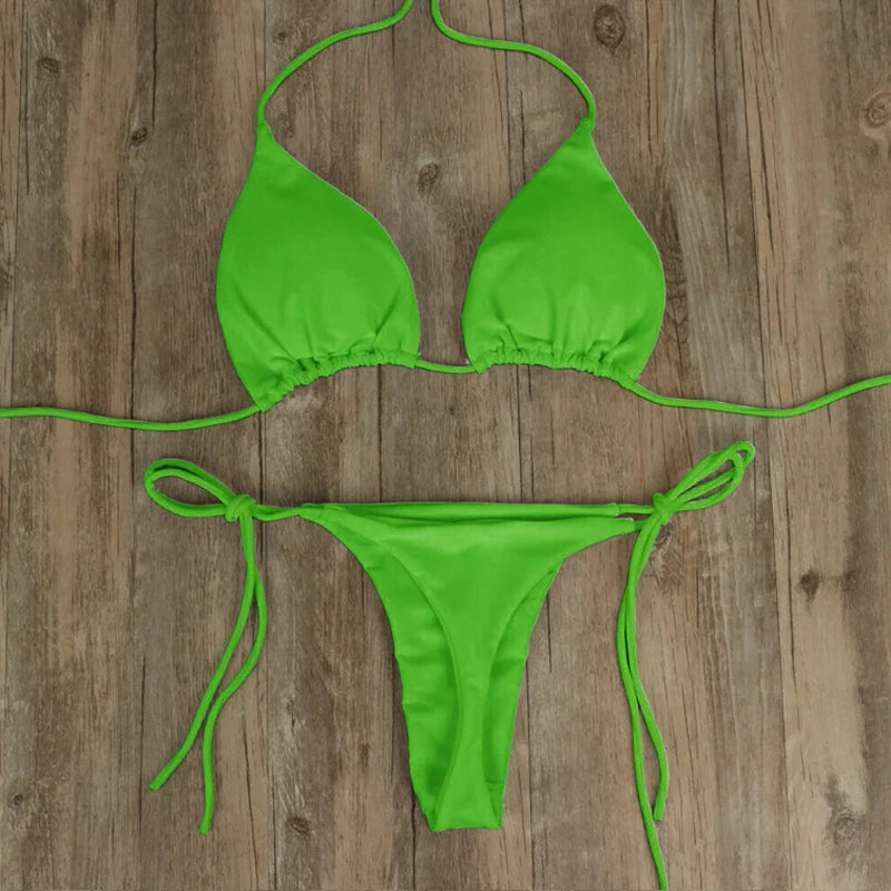 Women Thong Bikini Set Side Tie Sexy Swimsuit Bandage Style Brazilian Swimwear Bikini 2022 Woman Solid Color Beach Swimwear