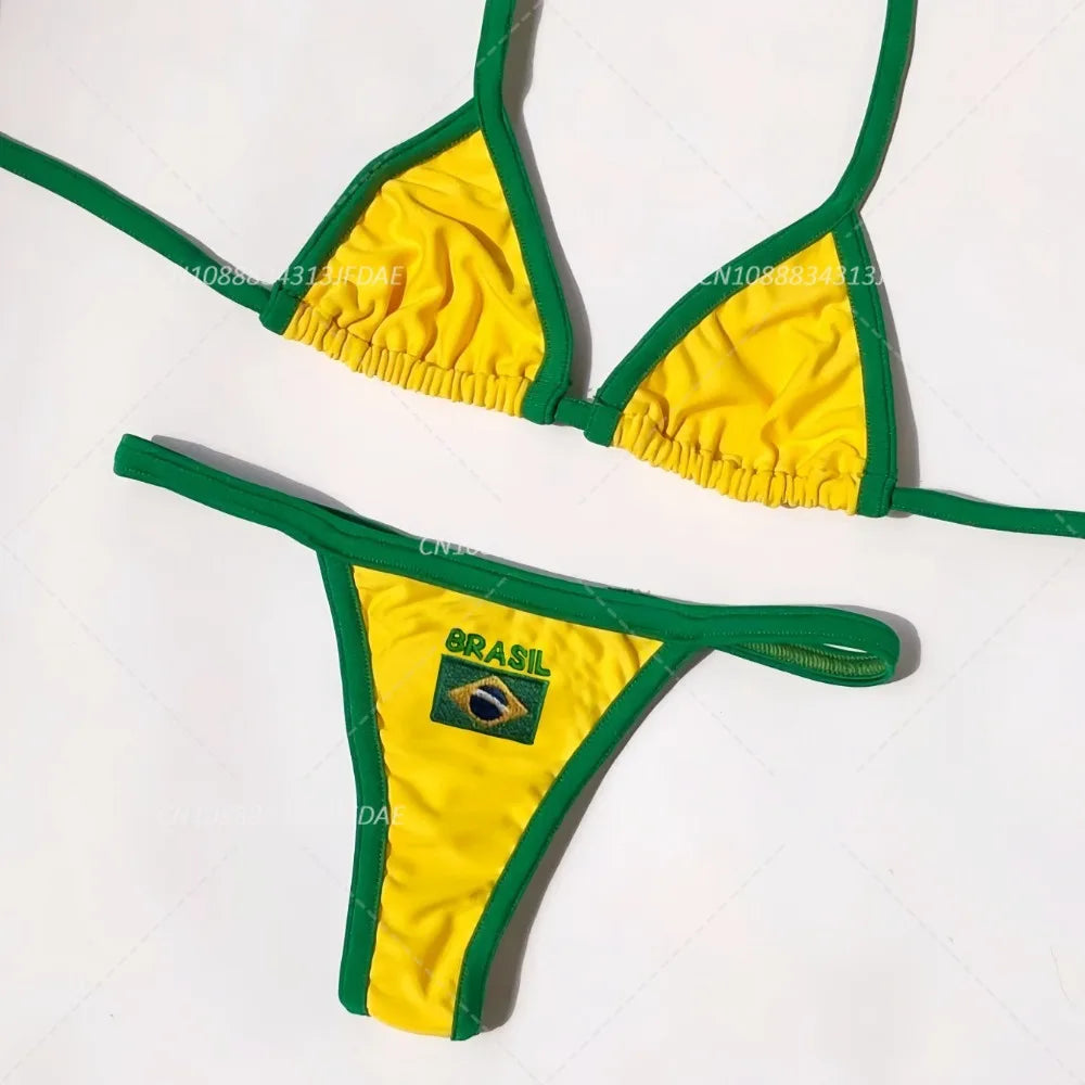 Sexy Embroidery Brazil Flag Contrast Split Bikini Set Women Swimwear Patchwork Swimsuit Hottie Outfit Summer Beachwear
