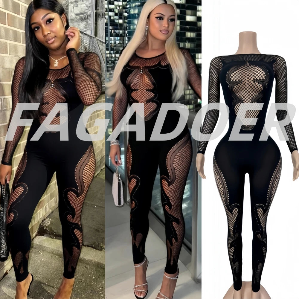 FAGADOER Y2K Sexy Quality Lace Bodycon Jumpsuit Women Long Sleeves Hollow Out See Through Romper Female Streetwear Overalls 2025