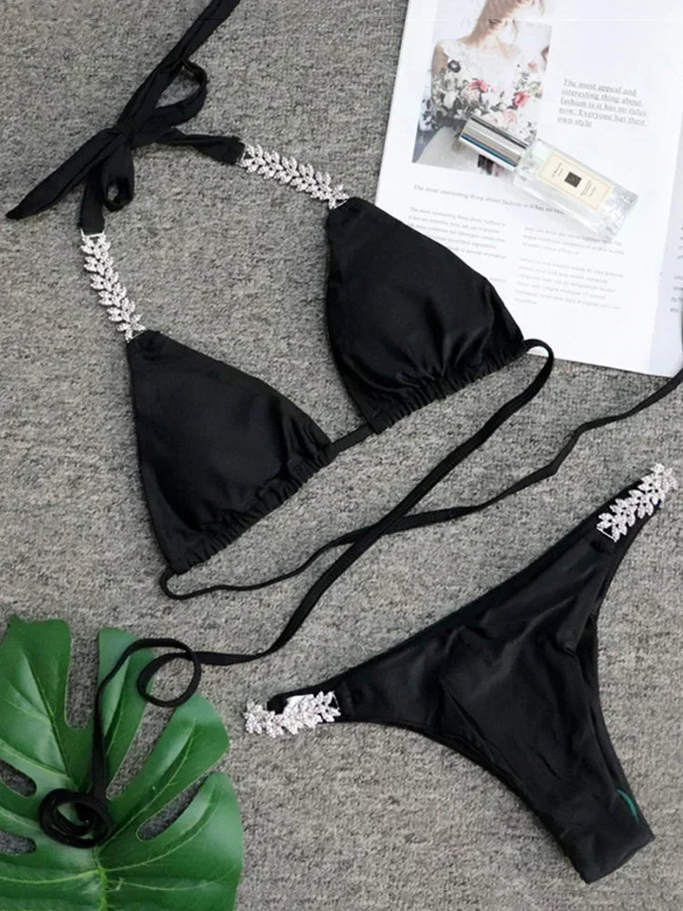 Halter Rhinestone Diamond Bikini Women Swimsuit Female Bikinis Metal Chain Swimwear Two Pieces Bikini Set Bathing Suit Swim Lady
