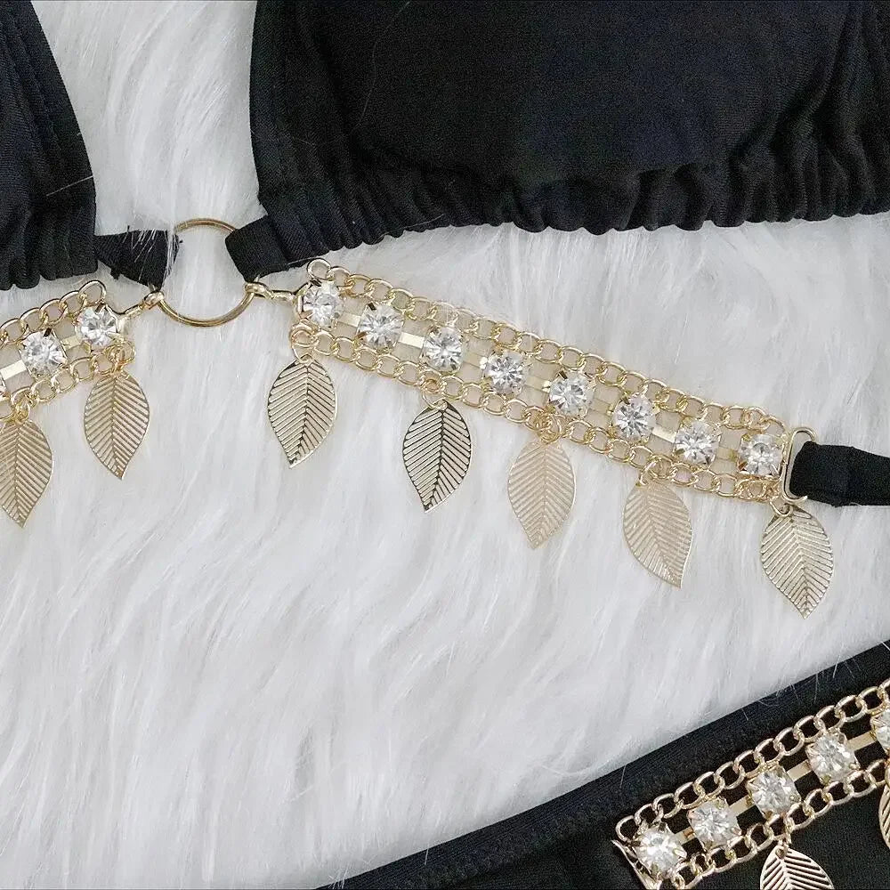 Bikini 2025 Sexy Rhinestone Leaf Pendant Metal Chain Solid Swimwear Swimsuit Women Bikinis Set Bathing Suit Beach Bikini Female