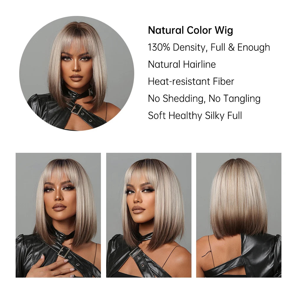 Short Ombre Blonde to Brown Straight Synthetic Wigs with Bangs Cosplay Party Women Bob Hair Wig Natural Heat Resistant Fiber