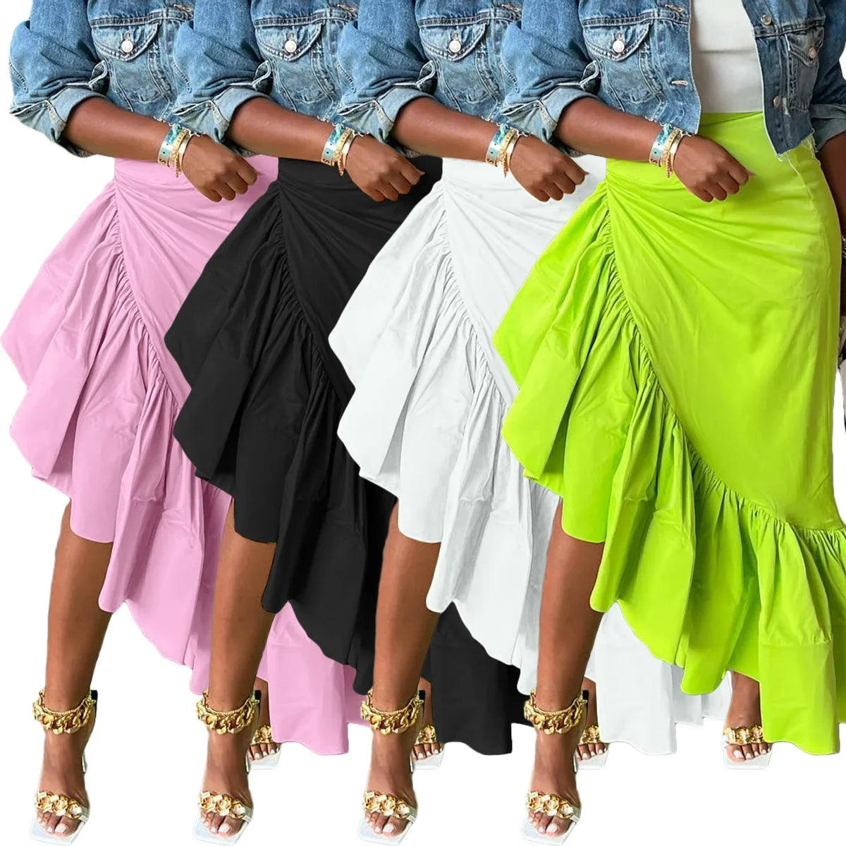 Sexy Solid Color Asymmetric Hem Skirt for Women Club Night Outings Polyester Fiber Ruffled Half-length Skirt Fashionable