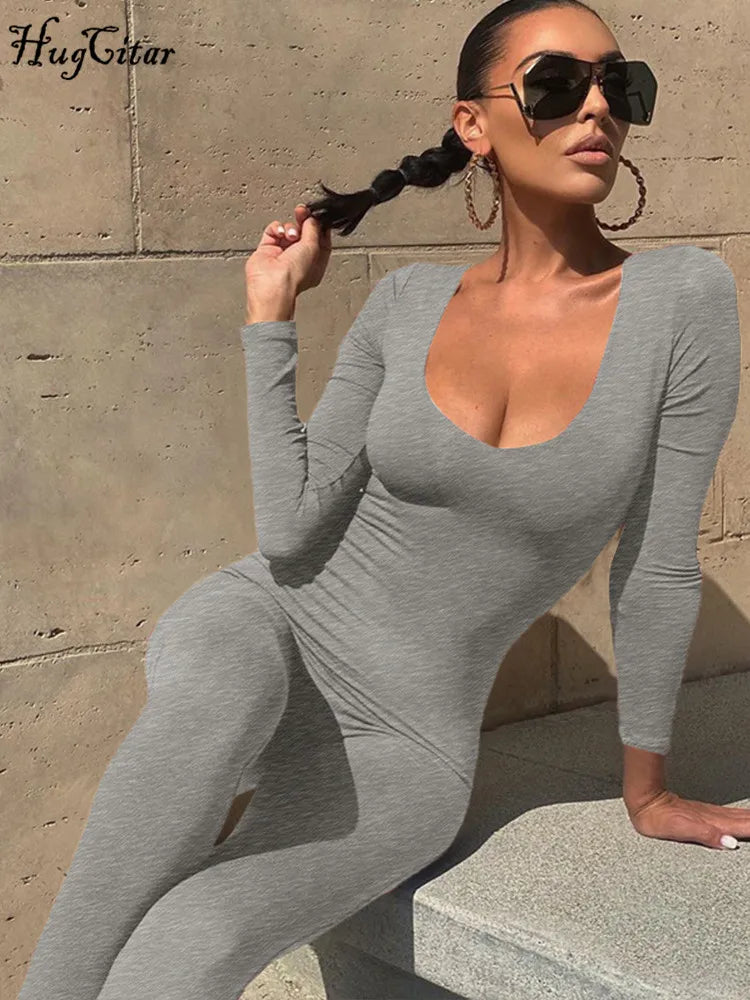 Hugcitar 2025 Square Collar Solid Long Sleeve Stretchy Bodycon Jumpsuits Winter Women Fashion Romper Streetwear Sport Wholesale