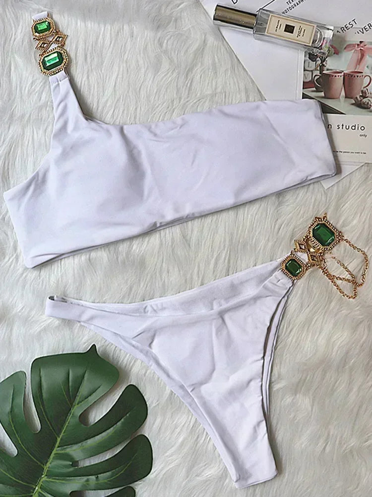 Halter Rhinestone Diamond Bikini Women Swimsuit Female Bikinis Metal Chain Swimwear Two Pieces Bikini Set Bathing Suit Swim Lady