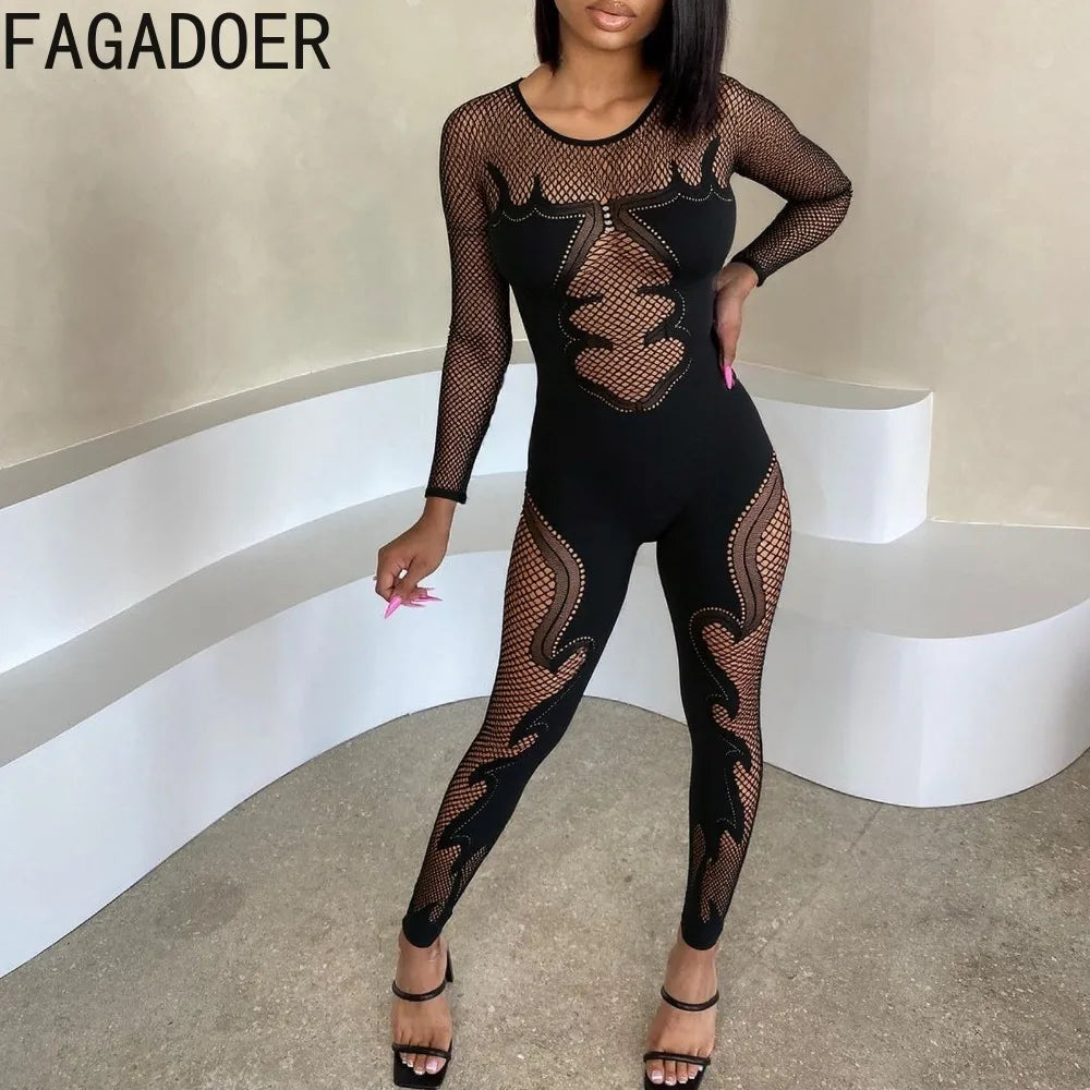 FAGADOER Y2K Sexy Quality Lace Bodycon Jumpsuit Women Long Sleeves Hollow Out See Through Romper Female Streetwear Overalls 2025