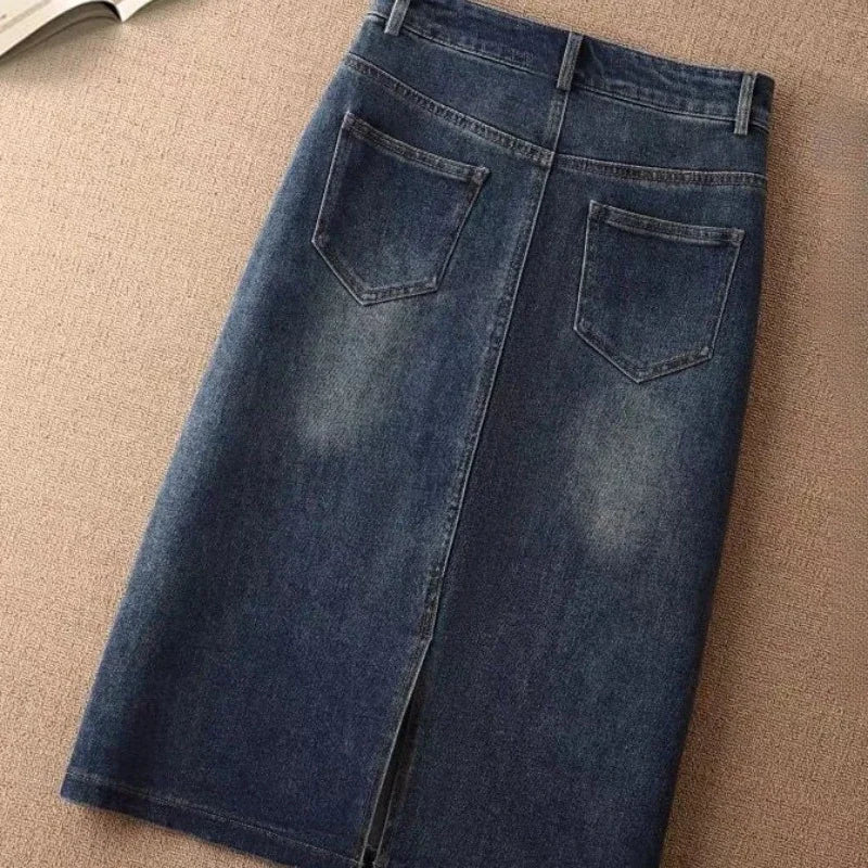 Wrap with Pocket Midi Jeans Skirts for Women, Plus Size Zipper High Waist Tight Knee-Length Woman Denim Skirt Cute Kawaii New In