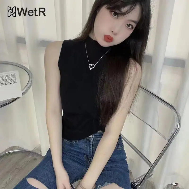 Fashion Half Turtleneck Knitted Tank Top Summer Women Casual Solid Color Sleeveless Vest spring and autumn