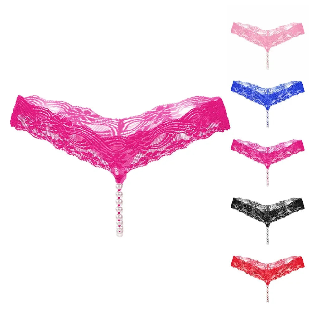 Women's G-String T-Back Thong Lingerie with Pearl Crotch Massage Panties, Sexy Lace Transparent Underwear, Enhanced T-Back String