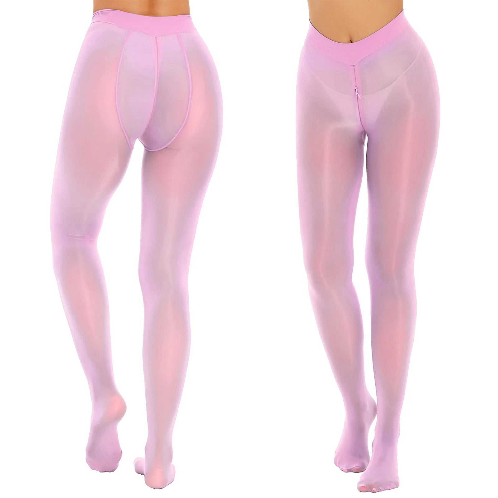 Women's Sexy Glossy Zipper Crotch Pantyhose Tights See-Through Sheer Solid Color Elastic Waistband Leggings with Socks Stretchy