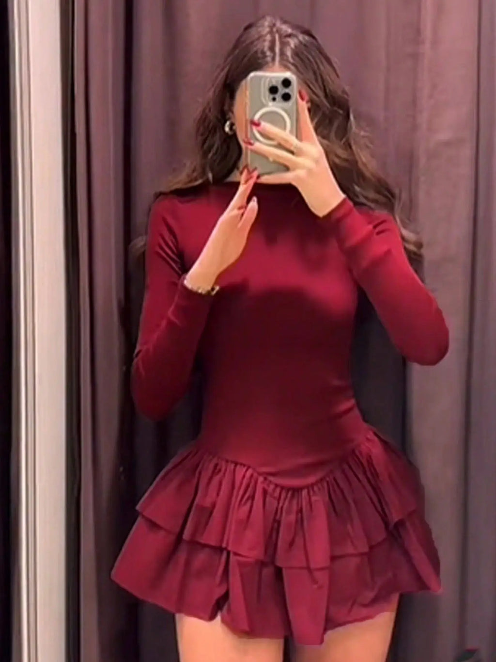 Women's Fashion Solid Tiered Ruffle A-Line Dress, Spring Elegant O-Neck Slim Fit Mini Dress, Autumn Long Sleeve Simple Boho Dresses