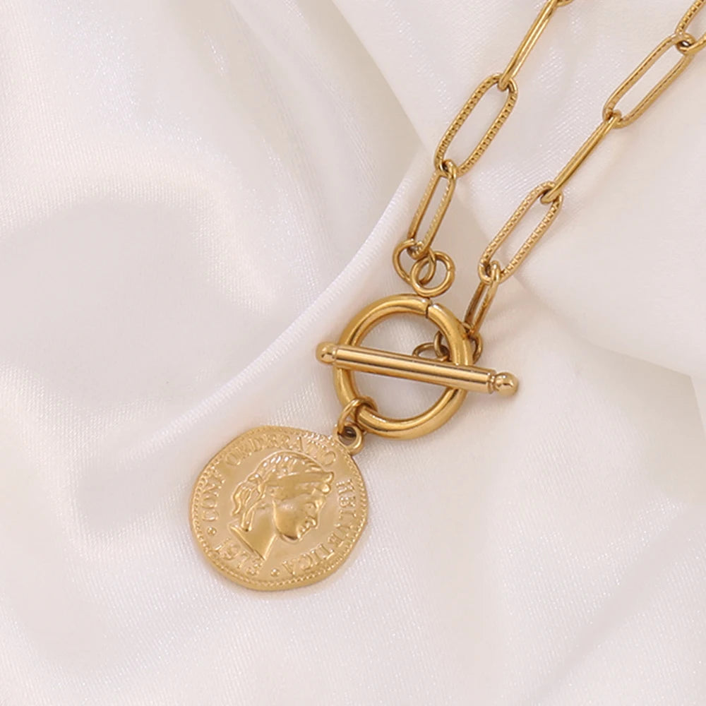 Coin Necklace For Women Stainless Steel Toggle Clasp Choker Gold/Silver Color Metal Elizabeth Coin Round Collier Femme Jewelry
