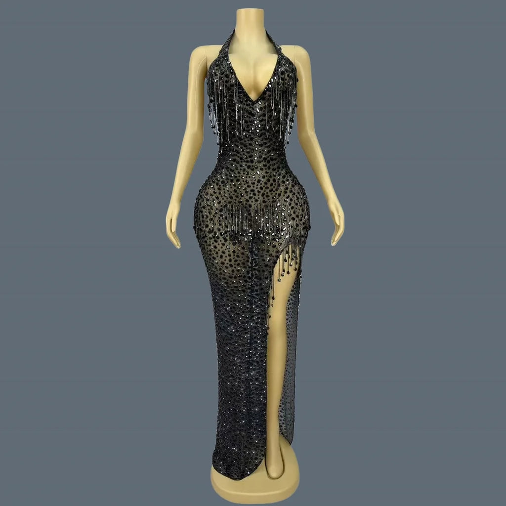 Sexy Black Mesh Evening Dress Sparkling Rhinestone Tassel High Slit Gown Deep V-neck Halter Neck Tight Long Dress wulongweibo