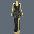 Sexy Black Mesh Evening Dress Sparkling Rhinestone Tassel High Slit Gown Deep V-neck Halter Neck Tight Long Dress wulongweibo