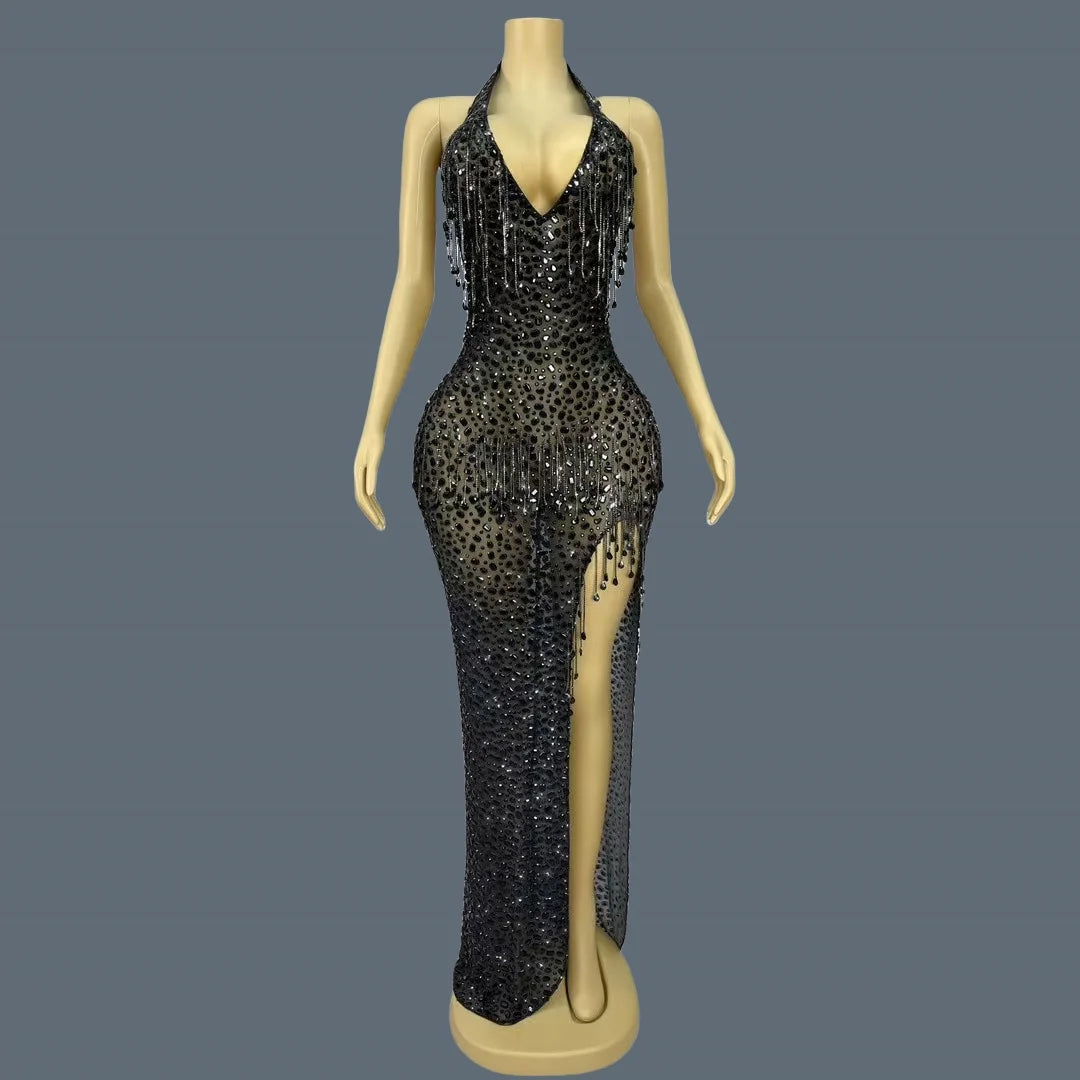 Sexy Black Mesh Evening Dress Sparkling Rhinestone Tassel High Slit Gown Deep V-neck Halter Neck Tight Long Dress wulongweibo