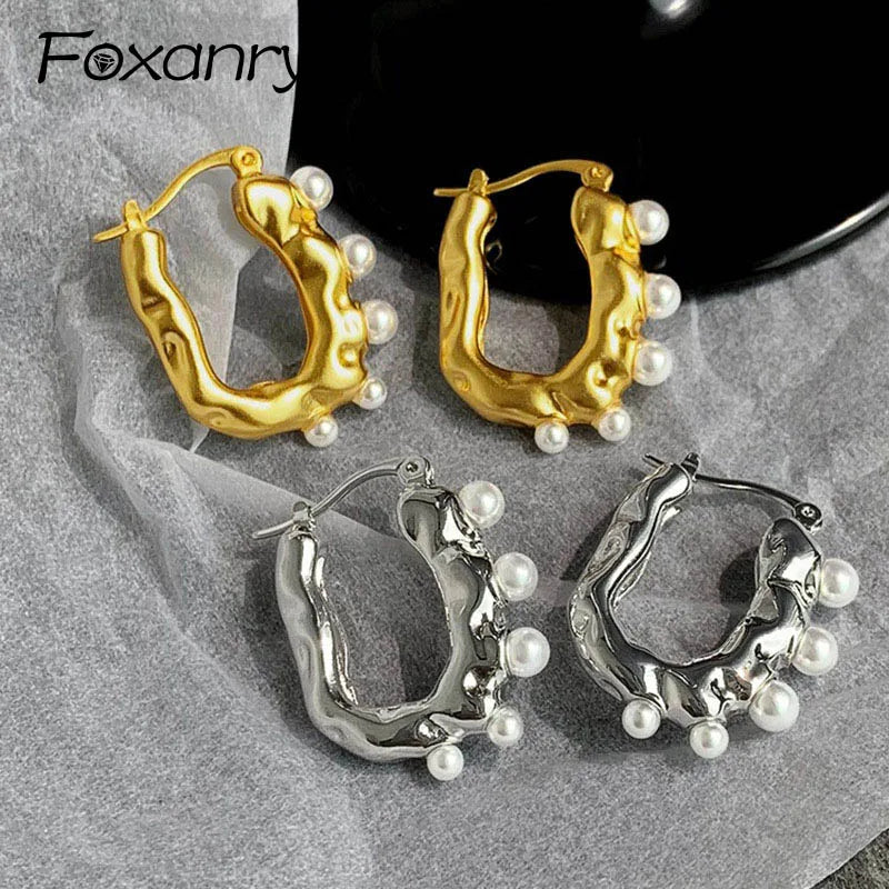 Foxanry French U-Shaped Pearl Ear Buckle For Women Vintage Fashion Elegant Hoop Earrings Prevent Allergy New Jewelry Gift Party