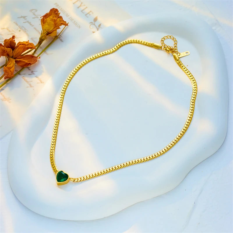 MEYRROYU 316L Stainless Steel Simple Necklace Green White Zircon Pendant Collar For Women Jewelry Collier Acero Inoxidable Mujer