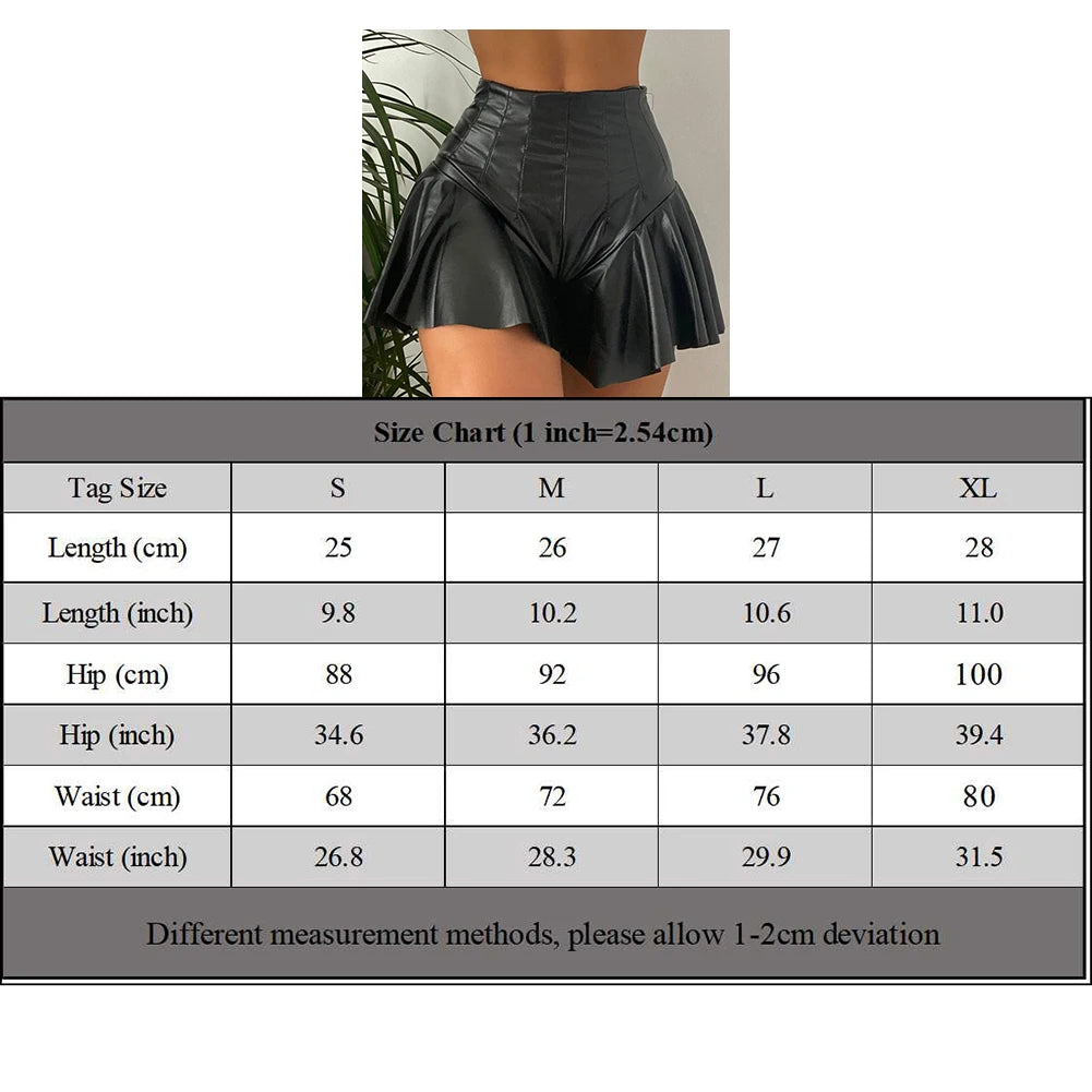 Women Faux Leather Mini Skirt A-Line Ruffle Black Shorts High Waist Exotic Club