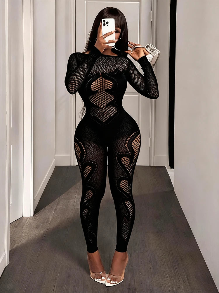 FHSEER Women's Sexy Jumpsuit Sheer Mesh Long Sleeve Hollow Out Bodycon High-Waist Stretchy Club Party Date Night Out Outfit