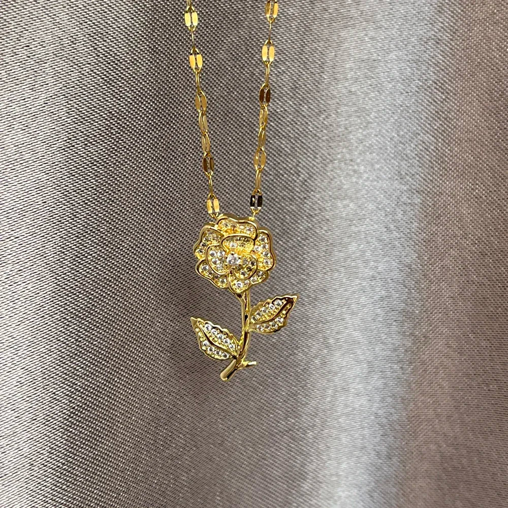 Collier Femme Stainless Steel Long Chain Collier Crystal Rose Flower Statement Necklace Women Jewelry Maxi Choker