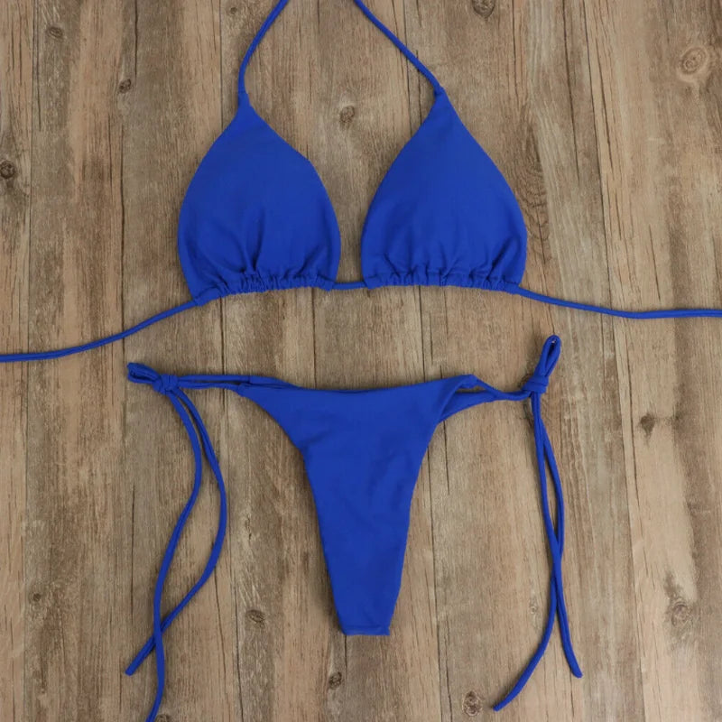Women Thong Bikini Set Side Tie Sexy Swimsuit Bandage Style Brazilian Swimwear Bikini 2022 Woman Solid Color Beach Swimwear