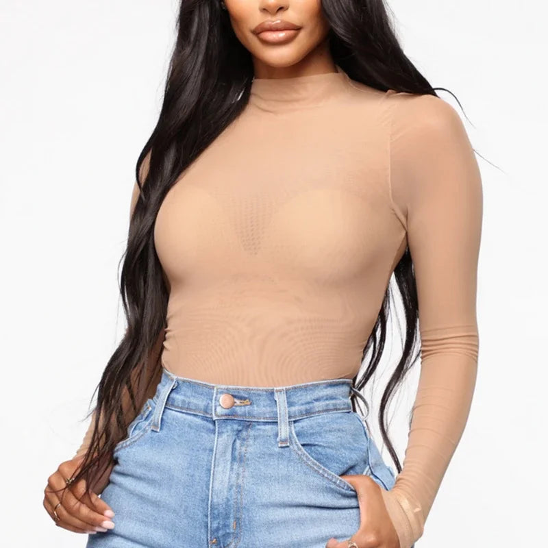 Sexy Mesh See-Through Bodysuit Women Long Sleeve Sheer Bodysuits High Neck Bodycon Jumpsuit See-Through Romper