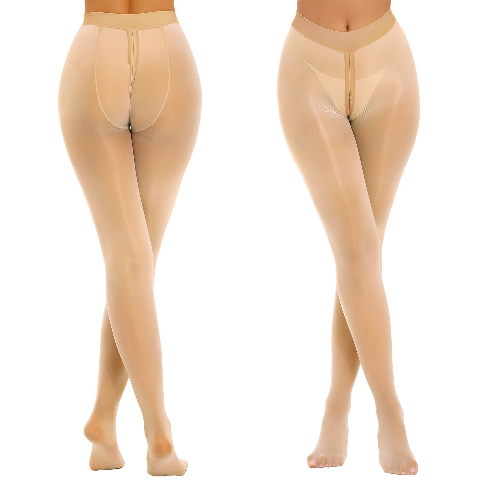 Women's Sexy Glossy Zipper Crotch Pantyhose Tights See-Through Sheer Solid Color Elastic Waistband Leggings with Socks Stretchy