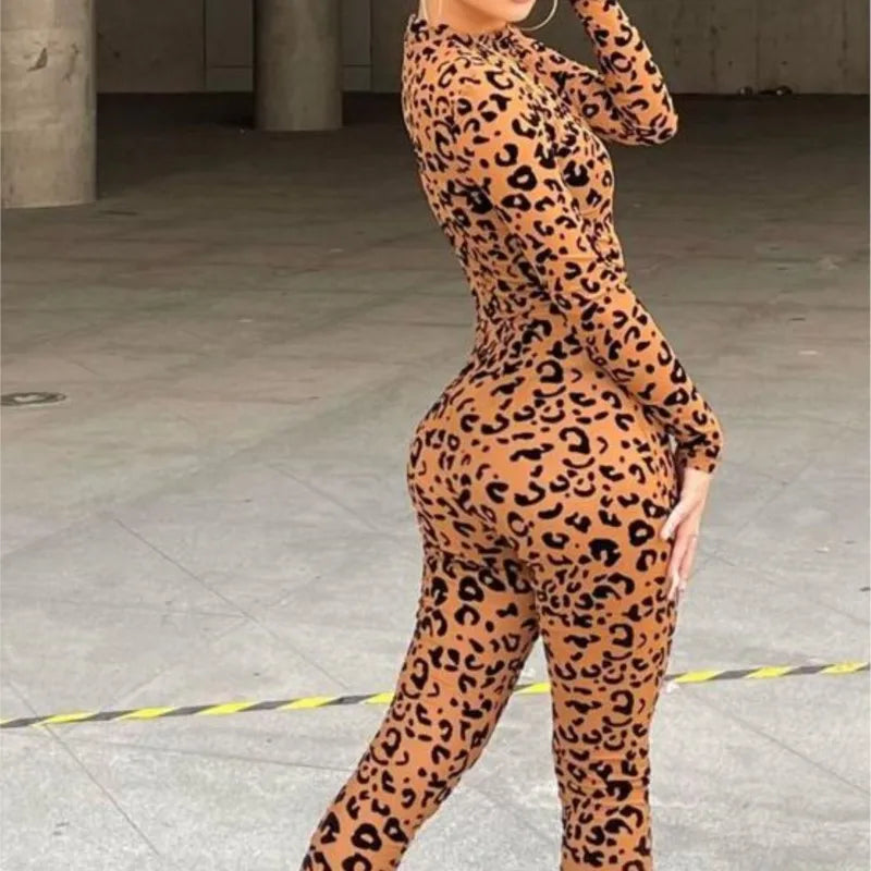 Leopard Print New Women's Jumpsuit Slim Long-sleeved Sexy Flocked See-through Slimming Jumpsuits For Woman Women's Jumpsuit