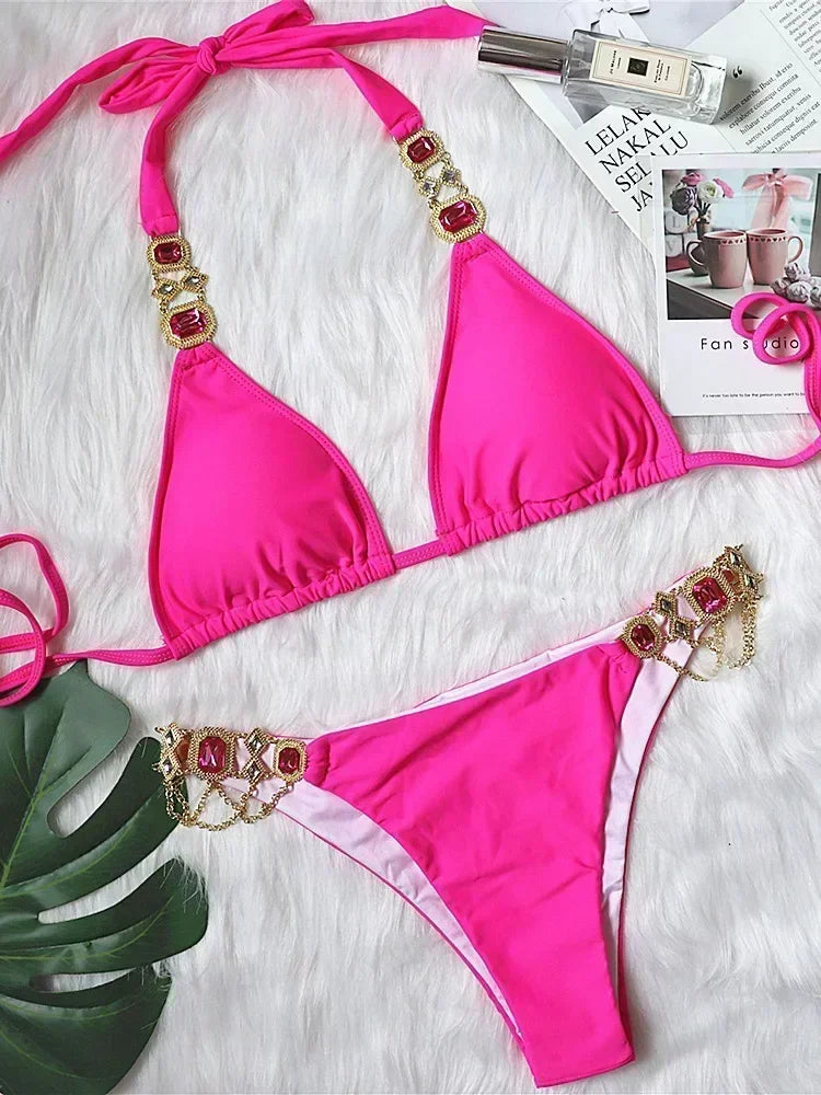 Halter Rhinestone Diamond Bikini Women Swimsuit Female Bikinis Metal Chain Swimwear Two Pieces Bikini Set Bathing Suit Swim Lady