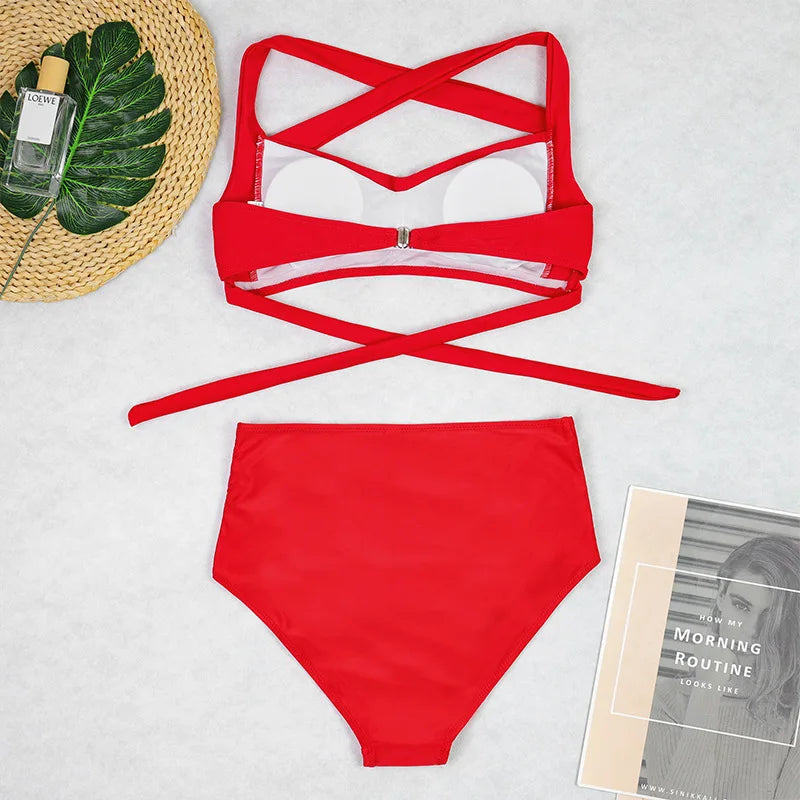 Sexy Two-Piece High Waist Bikini Sets Halter Solid Retro Ruched Printed Swimsuit Brazilian Swimwear Women 2025 Bathing Suits